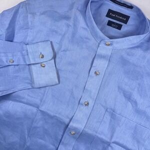 Paul Fredrick Linen Shirt Mens L Blue Band Collar Classic Fit Long Sleeve